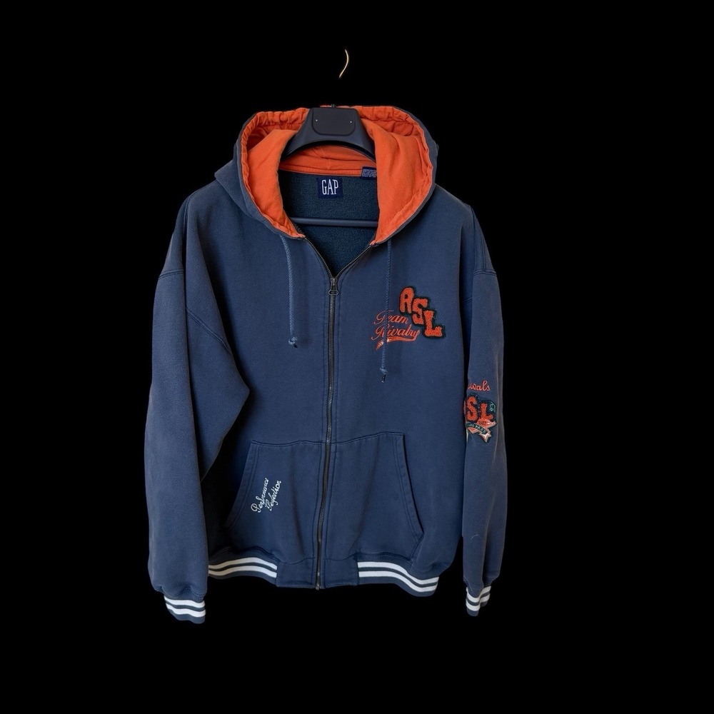Men's 90's Vintage GAP Zip Up Hoodie Sz Large Varsity Rivals ASL Blue Faded